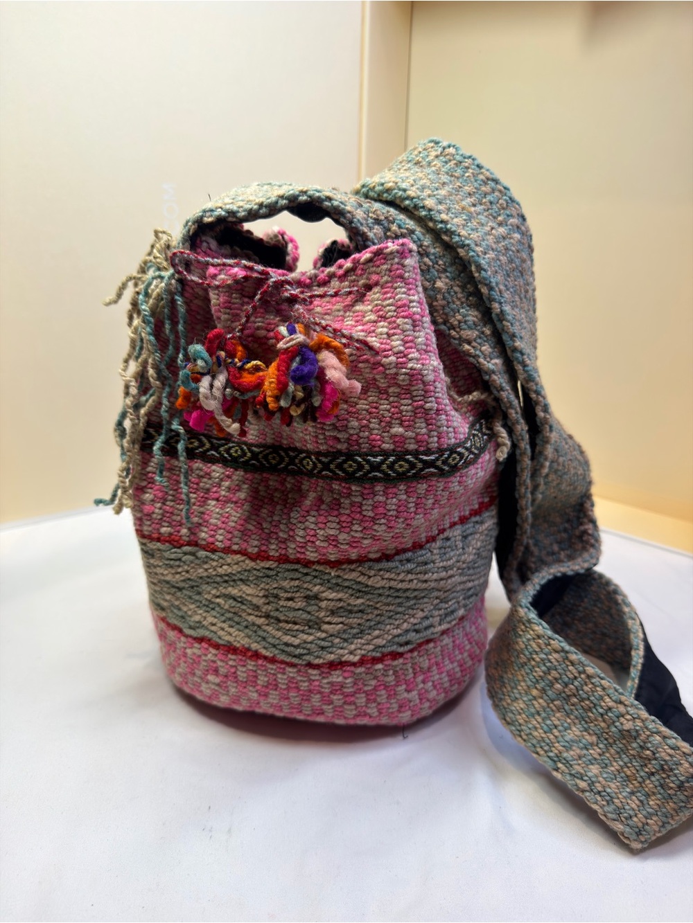 Handwoven Pink and Gray Drawstring Crossbody Bag with Multicolor Tassel